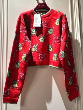 Gucci Red Knit Sweater with Pink Logo and Mint Trim